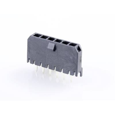 Czarny sześciostykowy złącz z metalowymi pinami, na białym tle. Odpowiedni do połączeń elektronicznych.