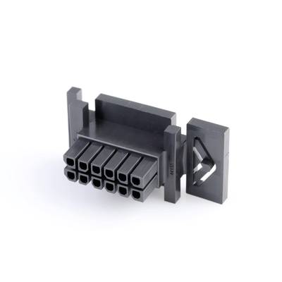 Czarny 12-stykowy adapter wtykowy do połączeń kablowych, wyposażony w prostokątne otwory i elementy mocujące po bokach.