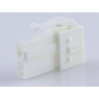 Biały wtyk plastikowy z dwoma równoległymi gniazdami i funkcją blokowania, stosowany w połączeniach elektronicznych.