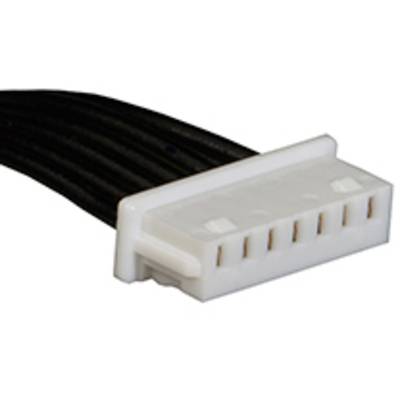 Biały wielobiegunowy złącz z czarnymi przewodami, typowo stosowany do połączeń elektrycznych w urządzeniach elektronicznych.