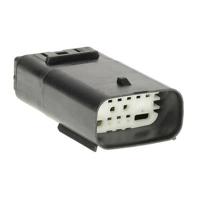 Czarny wtyk z tworzywa sztucznego z białymi stykami wewnętrznymi, widok z boku. Złącze do elektrycznych systemów połączeniowych.