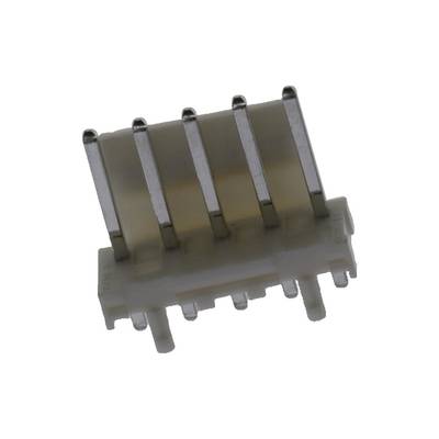 Biały wtyk plastikowy z pięcioma pionowo rozmieszczonymi stykami metalowymi. Odpowiedni do połączeń elektronicznych.