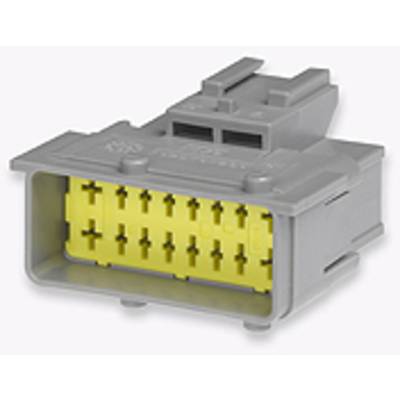 Szary złącze z żółtą wkładką, prostokątny kształt, 15 gniazd, do połączeń elektrycznych w zastosowaniach technicznych.