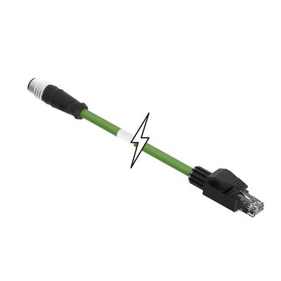 Zielony kabel z czarną wtyczką i symbolem błyskawicy, wskazujący na transfer danych lub przepływ prądu.