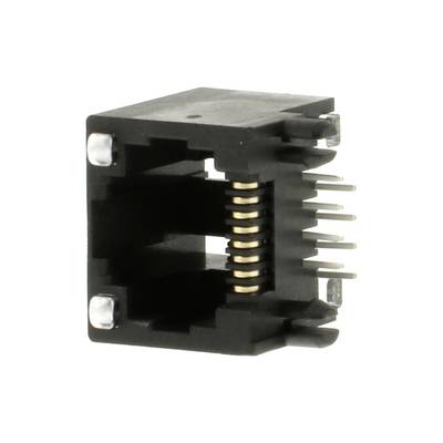 Wtyk RJ45 z ośmioma złotymi stykami i czarną obudową, powszechnie stosowany w połączeniach Ethernet.