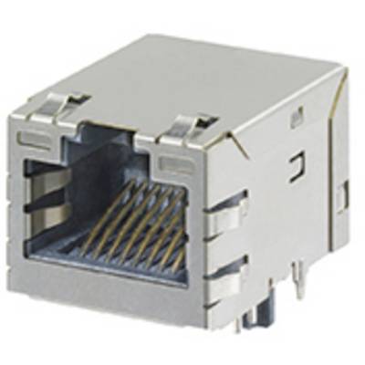 Ilustracja złącza sieciowego RJ45 w kolorze srebrnym, przedstawiająca metalowe styki wewnątrz. Używane do podłączania kabli Ethernet.