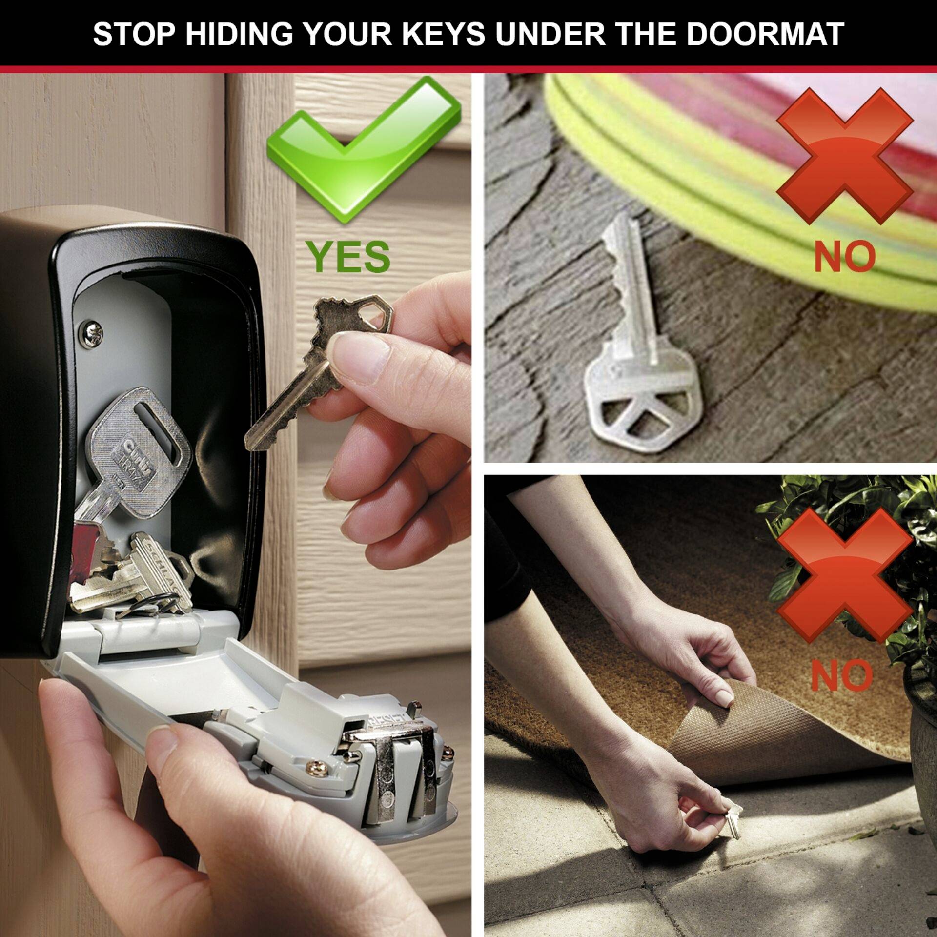 Cztery obrazki przedstawiają, gdzie nie należy ukrywać kluczy: pod wycieraczką, dywanem, w doniczce; zamiast tego należy używać sejfu na klucze.