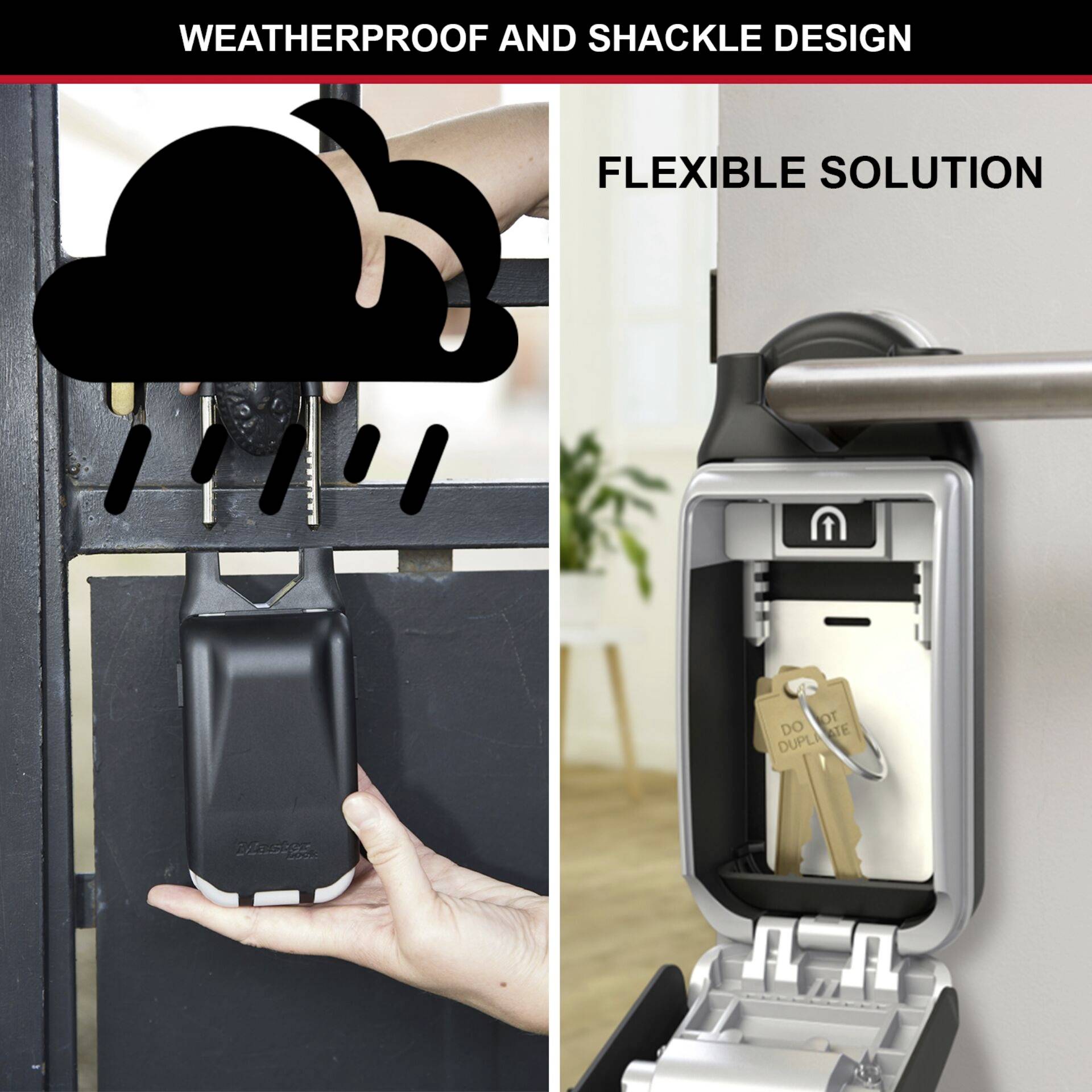 'Odporny na warunki atmosferyczne i zamykalny design.' Obraz złożony: Po lewej stronie przedstawiono zamek podczas deszczu. Po prawej widoczne jest pudełko do przechowywania kluczy.