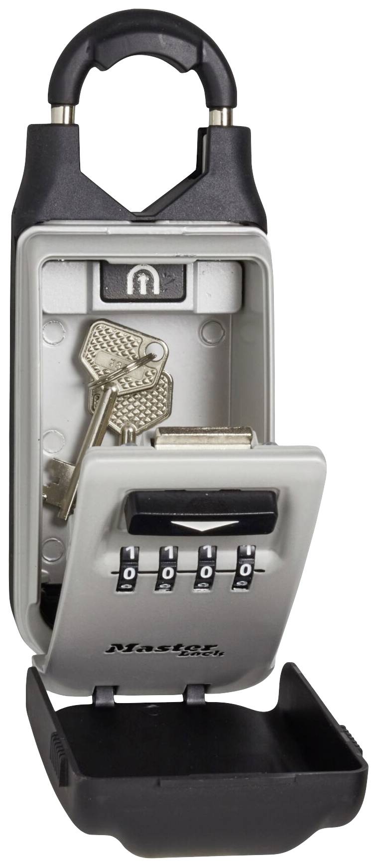 Otwarty sejf na klucze z zamkiem szyfrowym przedstawia dwa srebrne klucze w środku. Sejf ma czarno-szarą stylistykę.