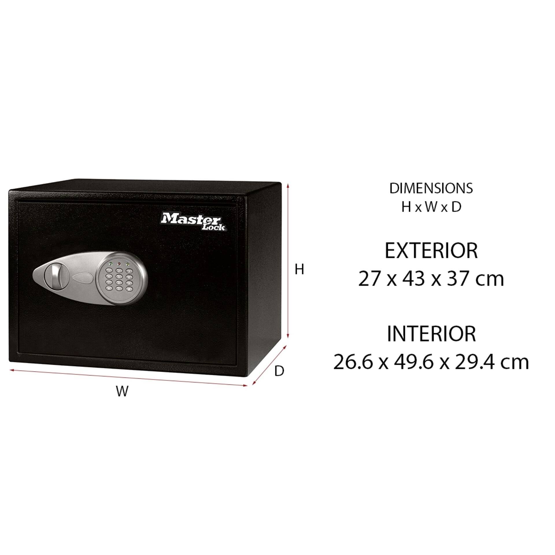 Czarny sejf z zamkiem elektronicznym. Wymiary zewnętrzne: 27 x 43 x 37 cm, wymiary wewnętrzne: 26,6 x 49,6 x 29,4 cm.