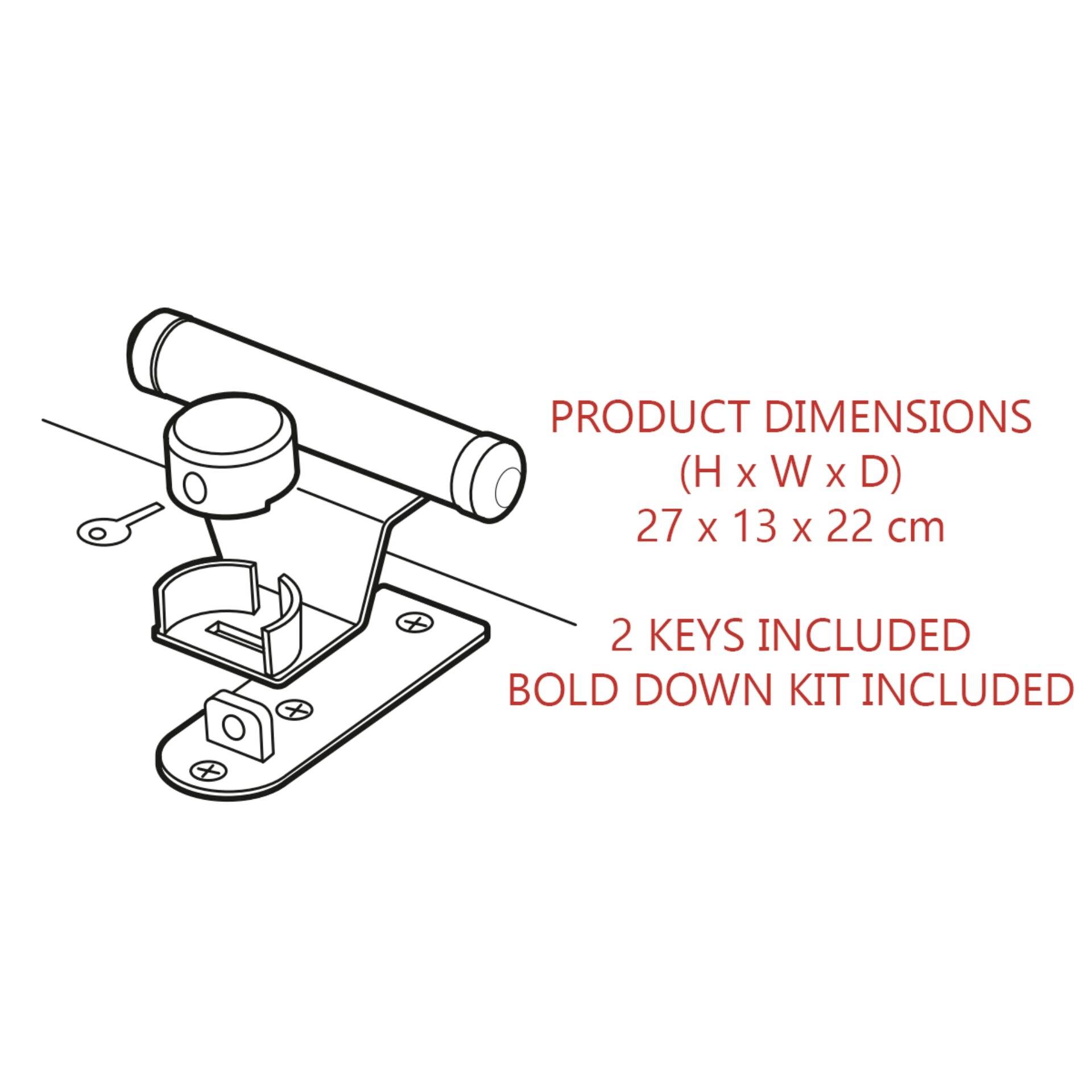 Metalowy zamek z mechanizmem blokującym i kluczem. Wymiary produktu: 27 x 13 x 22 cm. W zestawie dwa klucze i zestaw montażowy.