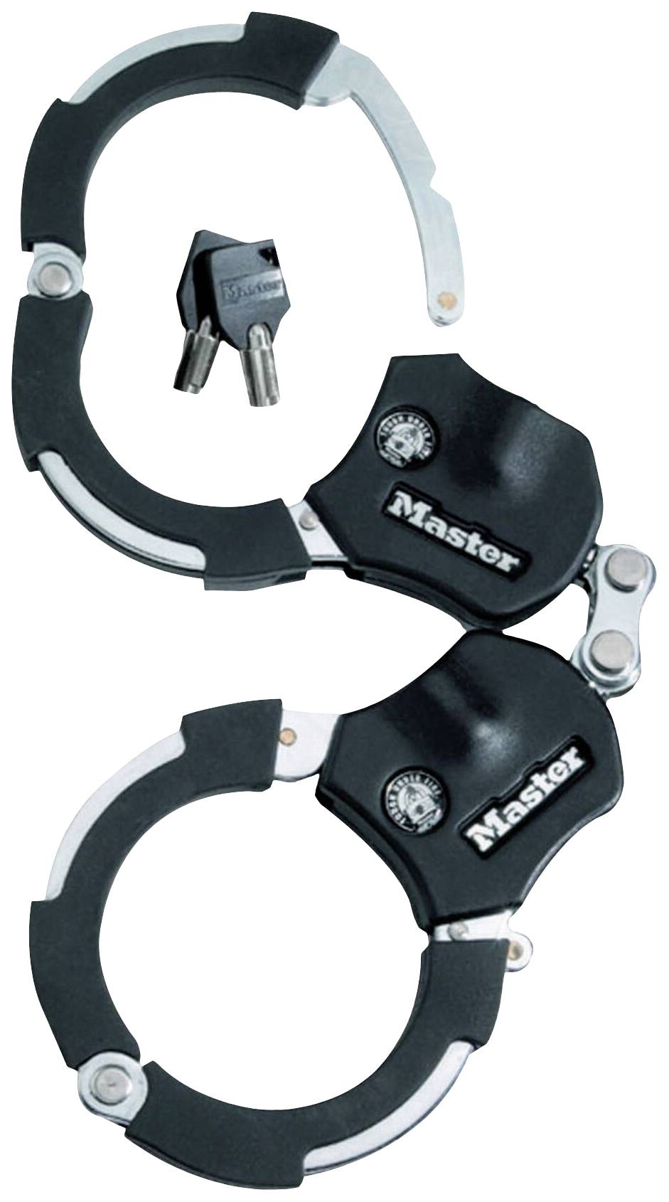 Czarne kajdanki z mechanizmem zamykającym, marki 'Master', z pasującym kluczem na białym tle.