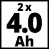 Napis '2x 4.0 Ah' wydrukowany jest dużą czarną czcionką na białym tle, co wskazuje na podwójną pojemność 4.0 amperogodzin.