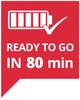 Czerwony symbol z ikoną baterii, znacznikiem i tekstem 'GOTOWE ZA 80 min', wskazujący na szybkie ładowanie.