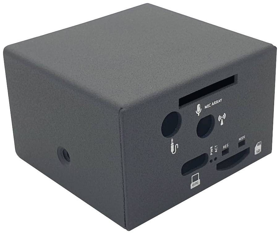 Czarny, prostokątny elektroniczny sprzęt z tablicą mikrofonową oraz portami HDMI, USB i gniazdem kart SD na przedniej powierzchni.