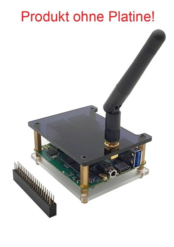 Moduł elektroniczny z anteną i stosem płytek drukowanych, obok rząd pinów. Tekst u góry: 'Produkt bez płytki drukowanej!'.