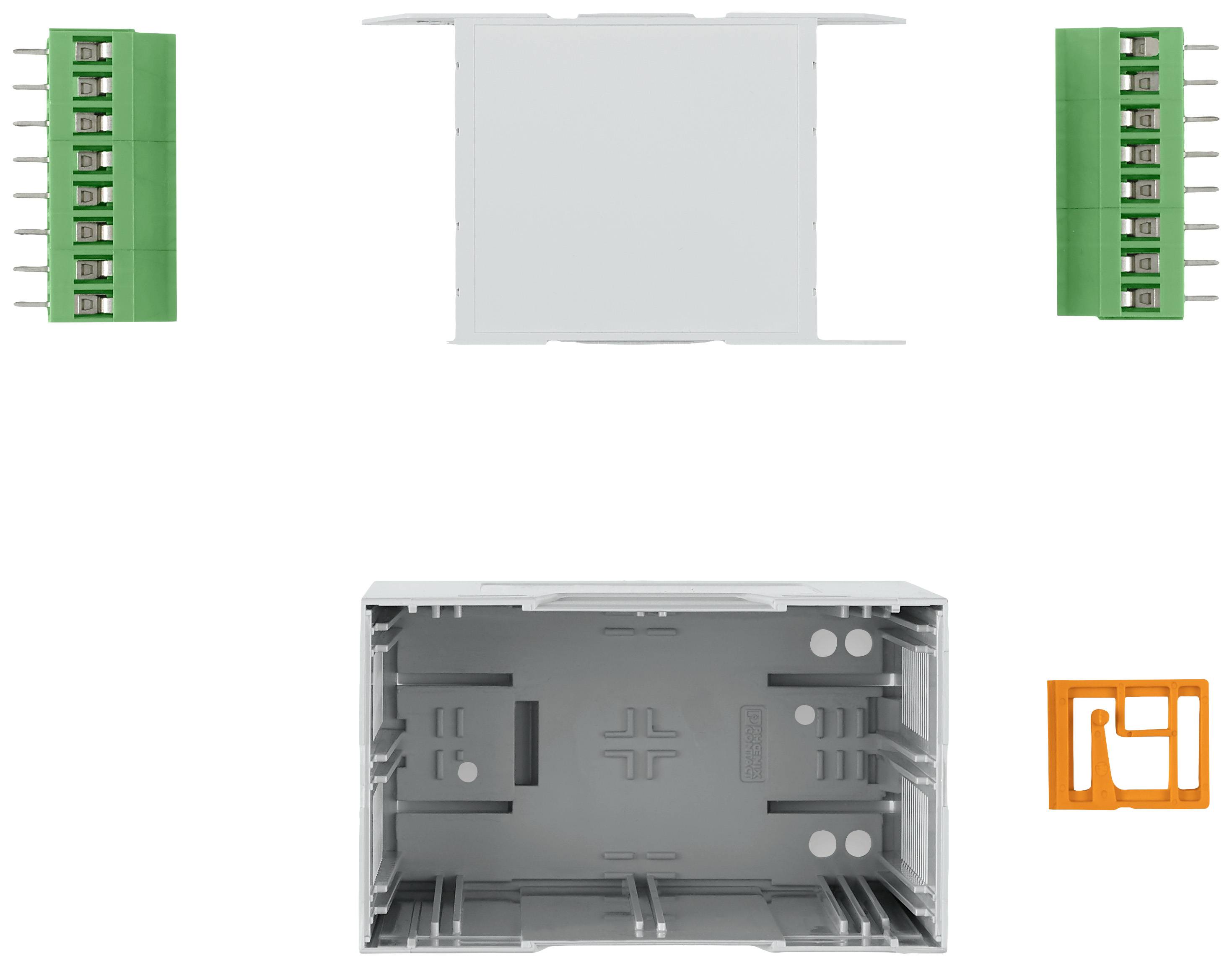 Szare obudowa elektroniczna, widok z góry. Widoczne są dwa zielone złącza i pomarańczowa klamerka mocująca.