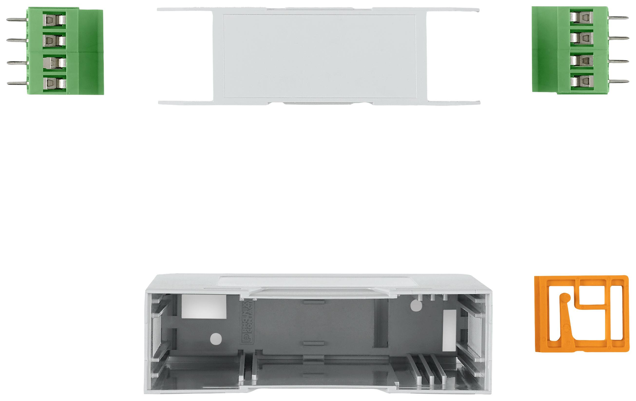 Szare obudowa z tworzywa sztucznego z prostokątnym otworem oraz dwoma zielonymi złączami, każde z czterema stykami. Pomarańczowy uchwyt.