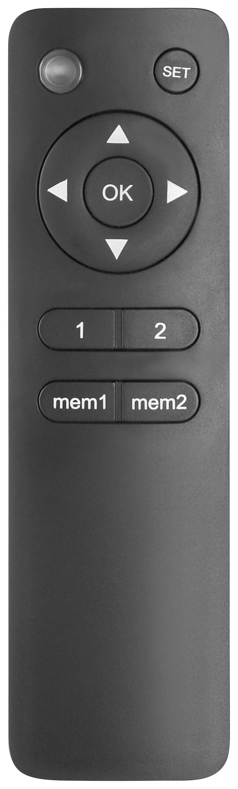 Czarna pilot ze zdalnym sterowaniem z przyciskami 'OK', strzałkami kierunkowymi, 'SET', cyframi '1', '2' oraz przyciskami 'mem1', 'mem2'.