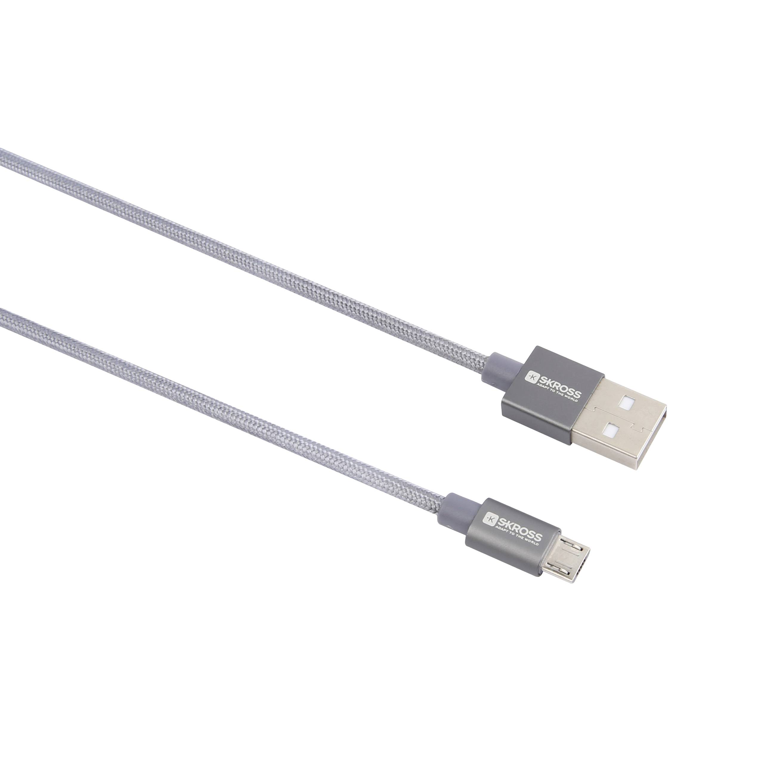 Kabel USB z oplotem metalowym dla zwiększonej trwałości, przedstawiające wtyk USB-A i wtyk Micro-USB. Nadaje się do ładowania i transferu danych.