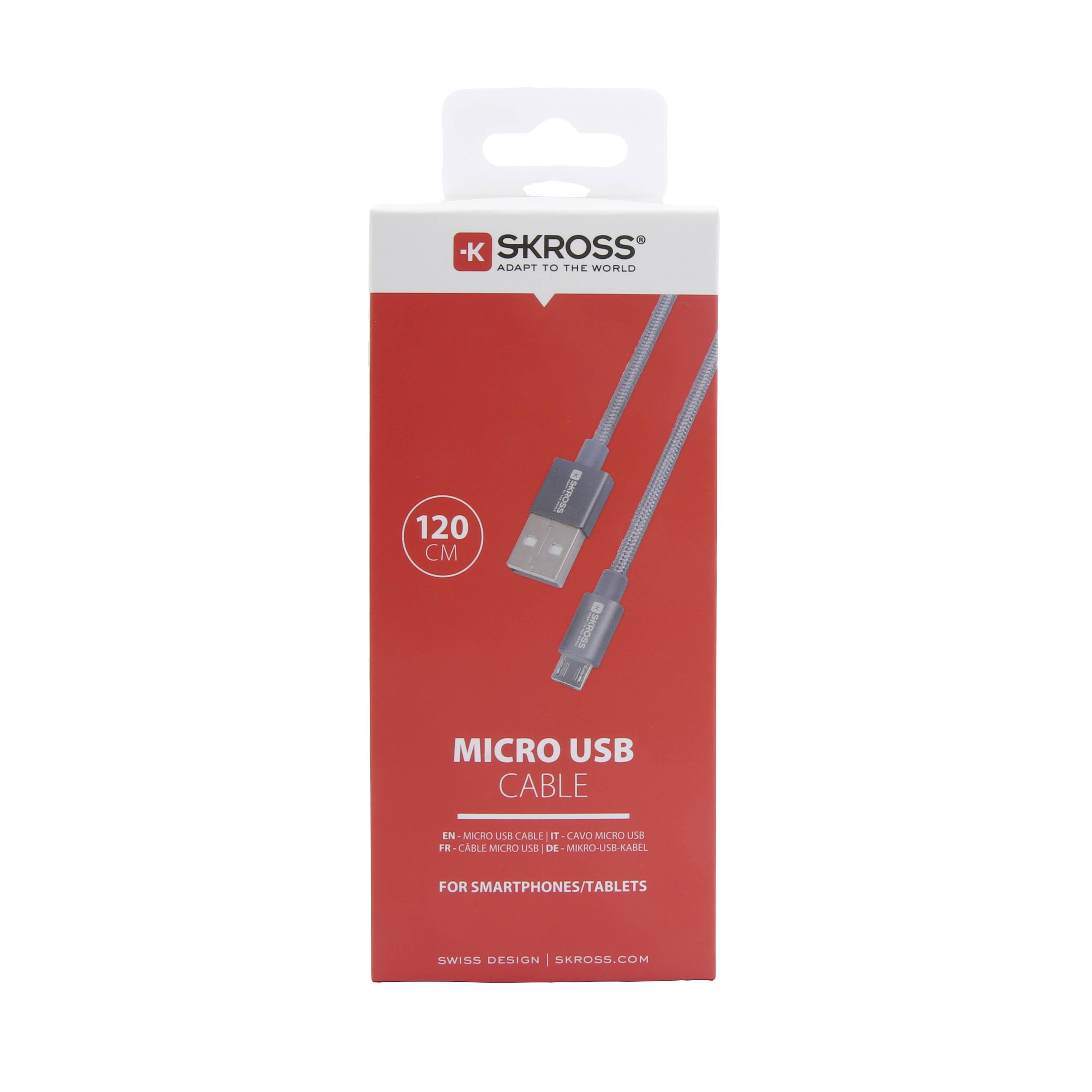 Czerwone opakowanie 120-centymetrowego kabla Micro USB marki Skross, przeznaczonego do smartfonów i tabletów.