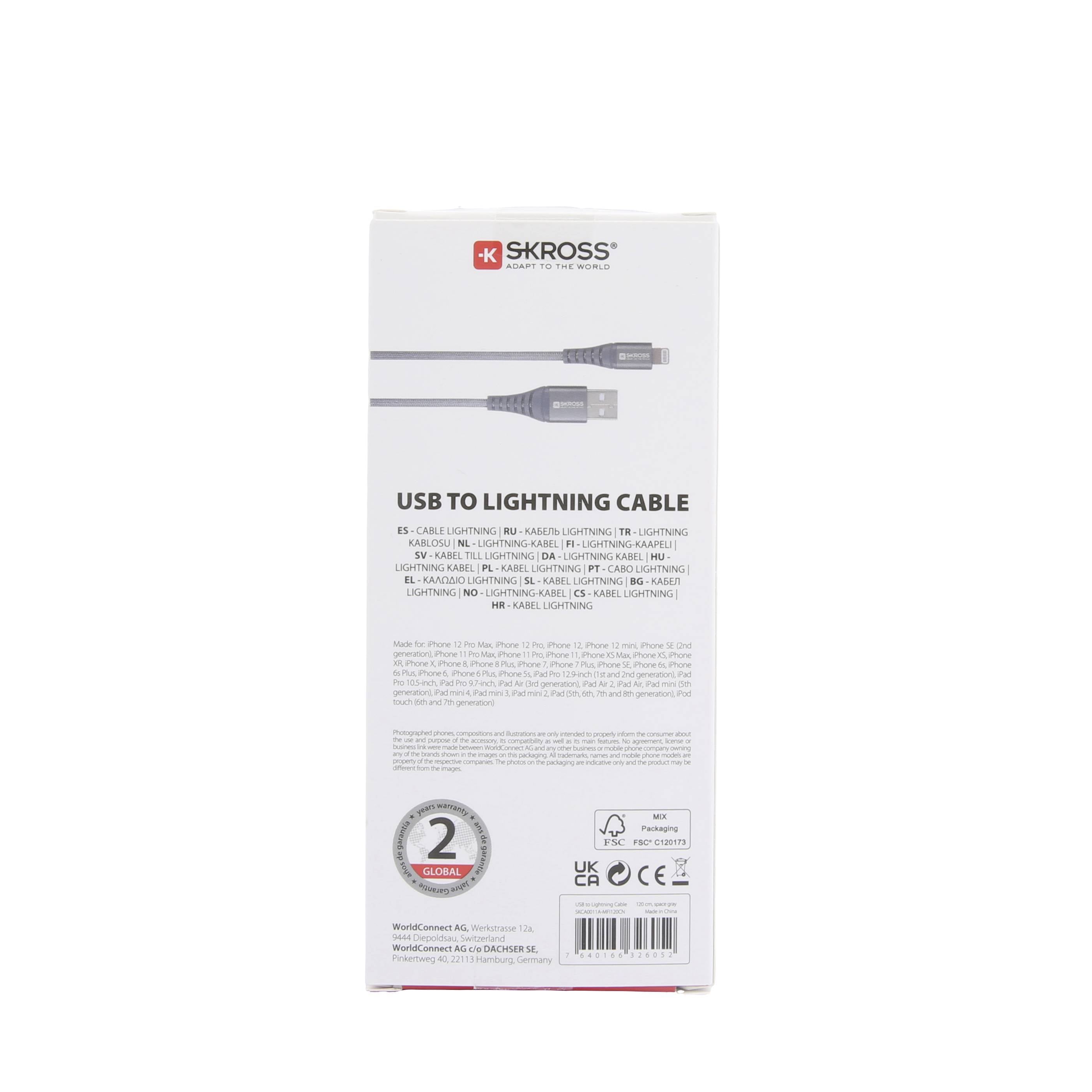 Kabel Skross USB na Lightning w opakowaniu, 2-letnia gwarancja, kompatybilne z urządzeniami Apple. Opis produktu na opakowaniu.