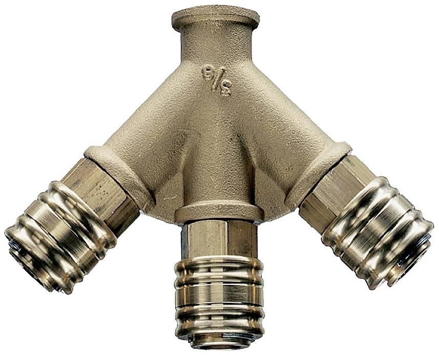 Rozdzielacz mosiężny z trzema gniazdami, odpowiedni do jednoczesnego podłączenia węży lub rur.