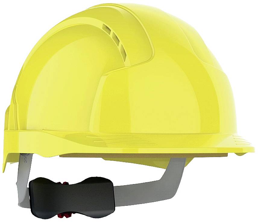 Żółty kask ochronny z tworzywa sztucznego, pokazany z boku.