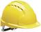 Żółty kask ochronny z tworzywa sztucznego z otworami wentylacyjnymi i regulowanym paskiem.