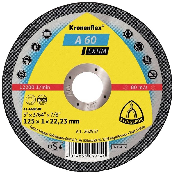 Tarcza szlifierska Klingspor, model A 60 Extra, o średnicy 125 mm, przeznaczona do obróbki metalu; maksymalna prędkość 80 m/s.