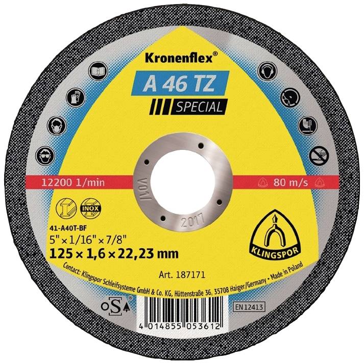 Tarcza tnąca 'Kronenflex A 46 TZ Special'. Średnica: 125 mm, grubość: 1,6 mm. Odpowiednia do stali, stali nierdzewnej. Prędkość: 80 m/s.