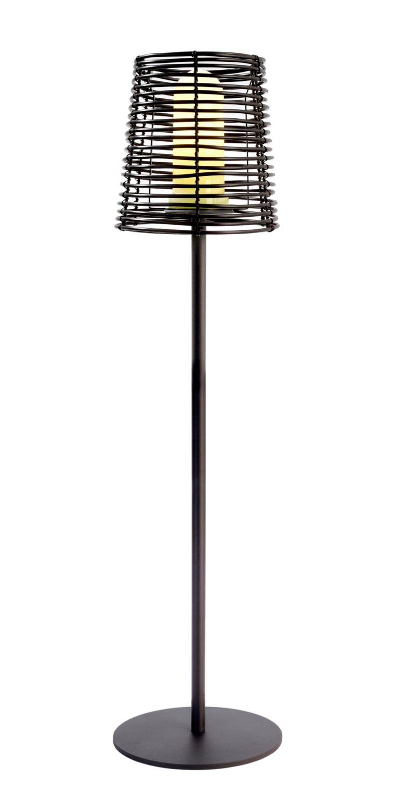 Lampa stojąca z czarnym, plecionym abażurem i widoczną żarówką. Nowoczesny design na okrągłej podstawie.