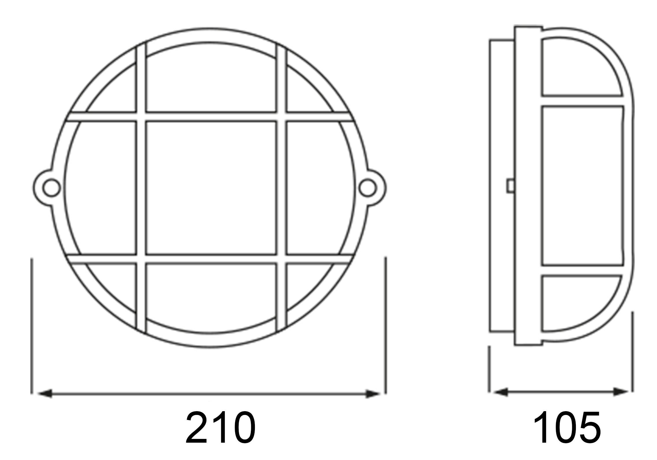 Rysunek techniczny okrągłej kratki wentylacyjnej o wymiarach: szerokość 210 mm, głębokość 105 mm.