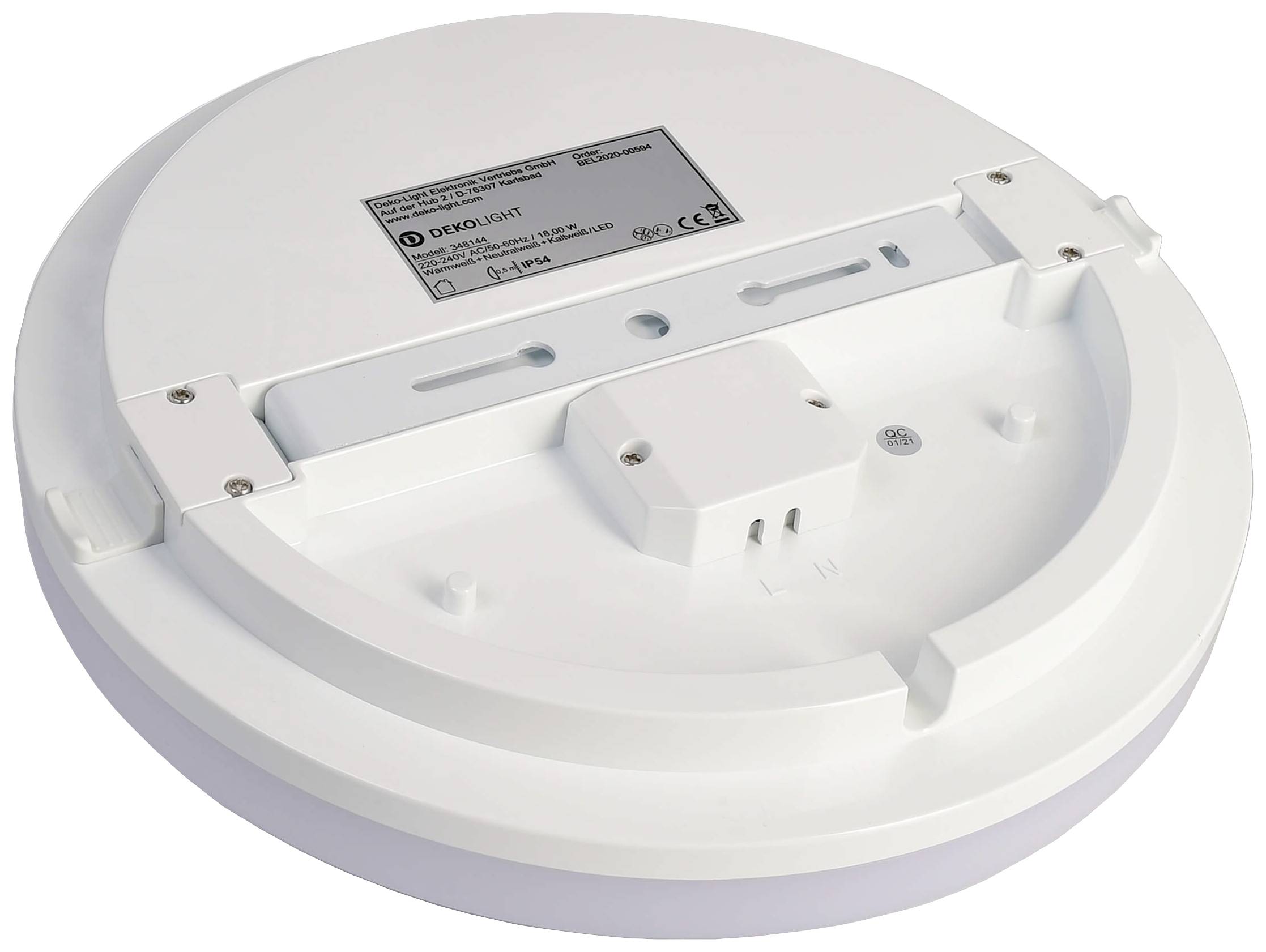 Rysunek przedstawia tylną stronę okrągłej lampy LED z białą obudową i etykietą zawierającą informacje techniczne.