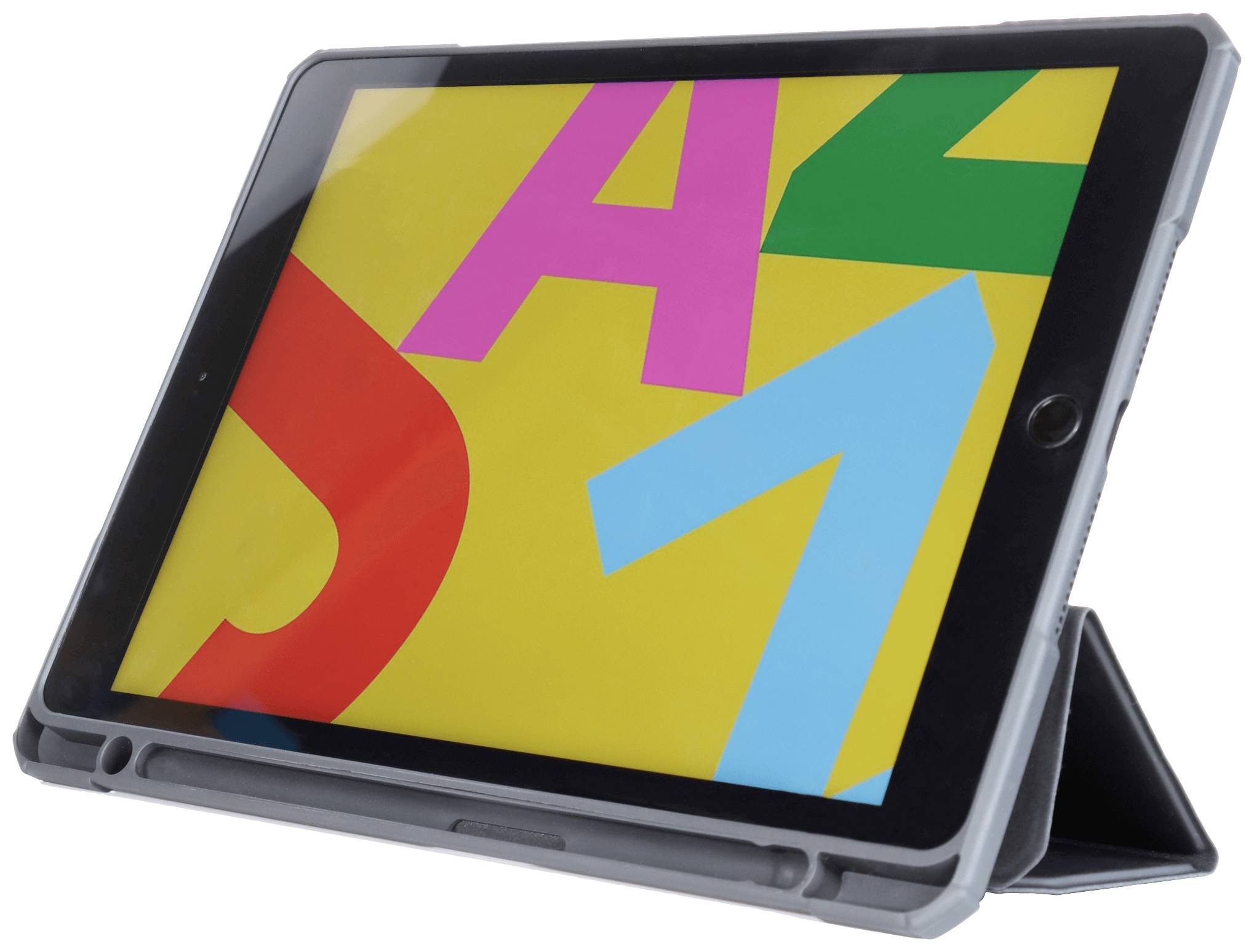 Tablet w etui wyświetla kolorowy ekran z dużymi literami A, Z oraz cyframi na żółtym tle.