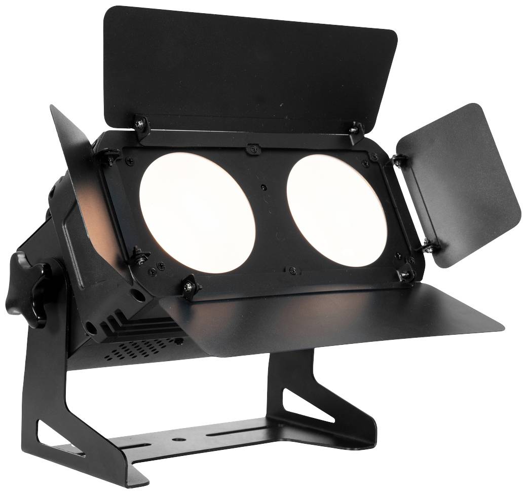 Czarny reflektor sceniczny z dwoma świecącymi lampami LED. Wyposażony w regulowane klapy do sterowania światłem.