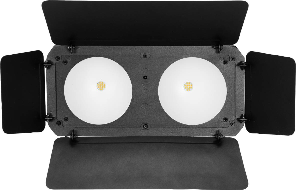 Teatralny lub sceniczny reflektor z dwoma okrągłymi, białymi źródłami światła oraz czarnymi przesłonami po bokach oraz górze/dole.