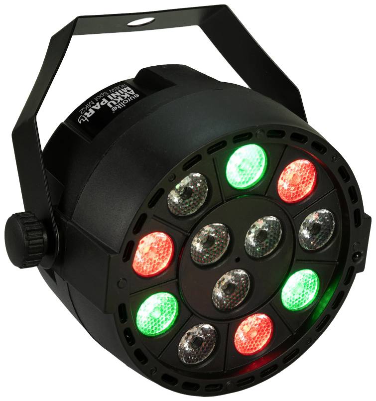 Okrągły reflektor LED z dziewięcioma świecącymi punktami w kolorach czerwonym i zielonym, zamocowany na regulowanym metalowym ramieniu.