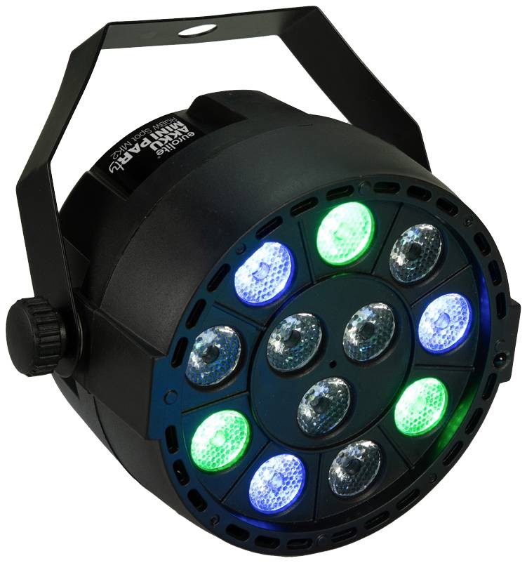 Obraz przedstawia reflektor LED Par z wieloma kolorowymi lampami ułożonymi w okrągłej obudowie.