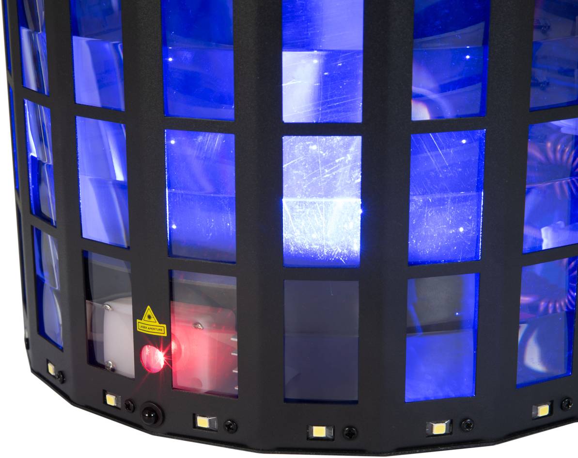 Niebieskie, podświetlone urządzenie do zwalczania owadów z czarną siatką pokazuje tabliczkę ostrzegawczą i świecący czerwony przycisk w lewym dolnym rogu.