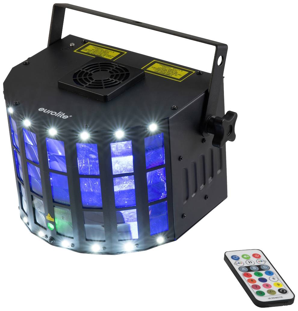 Urządzenie efektów świetlnych 'Eurolite' z niebieskimi wkładkami świetlnymi i pilotem, odpowiednie na scenę lub imprezy.
