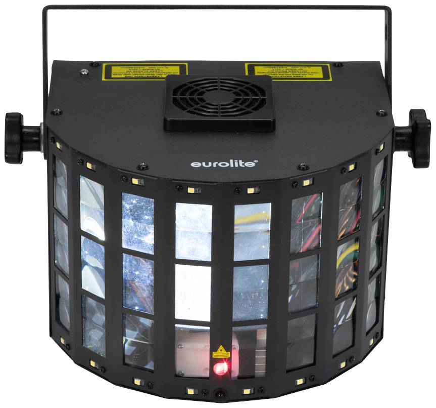 Urządzenie oświetleniowe z wieloma soczewkami do projekcji kolorowych efektów świetlnych. Posiada wentylator i jest oznaczone napisem 'eurolite'.