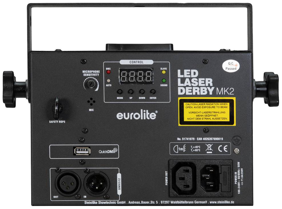 Tylna strona reflektora Eurolite LED Laser Derby MK2 z elementami sterującymi, złączami i ostrzeżeniami.