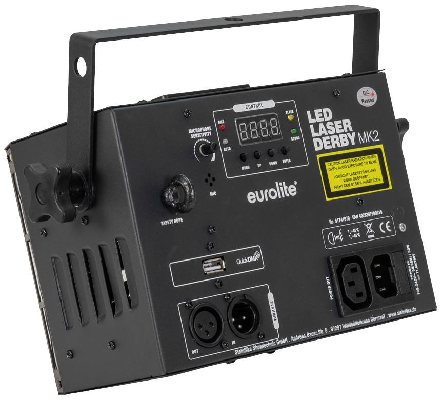Czarny laser LED Derby MK2 firmy Eurolite, z panelem sterowania, wyświetlaczem oraz różnymi złączami z przodu.