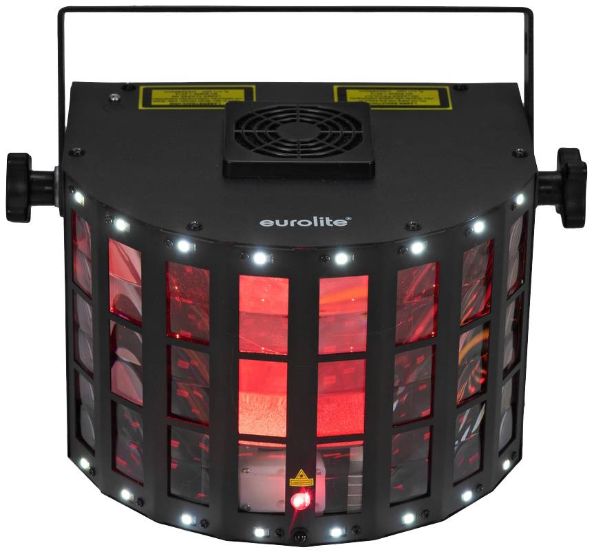 Czarna jednostka oświetleniowa z wieloma małymi oknami emituje czerwone światło z wnętrza, odpowiednia do tworzenia efektów świetlnych podczas imprez.