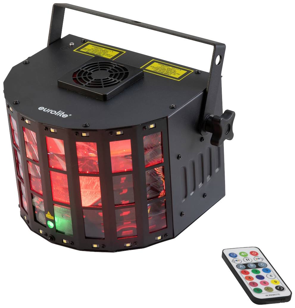 Urządzenie z efektami świetlnymi LED z czerwonymi i zielonymi światłami w pięciu rzędach. Obok leży pilot zdalnego sterowania z kolorowymi przyciskami.