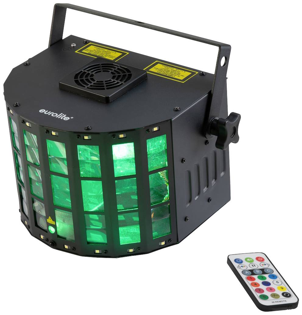 Urządzenie z efektem świetlnym LED z wieloma zielono świecącymi polami. Obok niego leży pilot zdalnego sterowania z kolorowymi przyciskami do sterowania efektami świetlnymi.