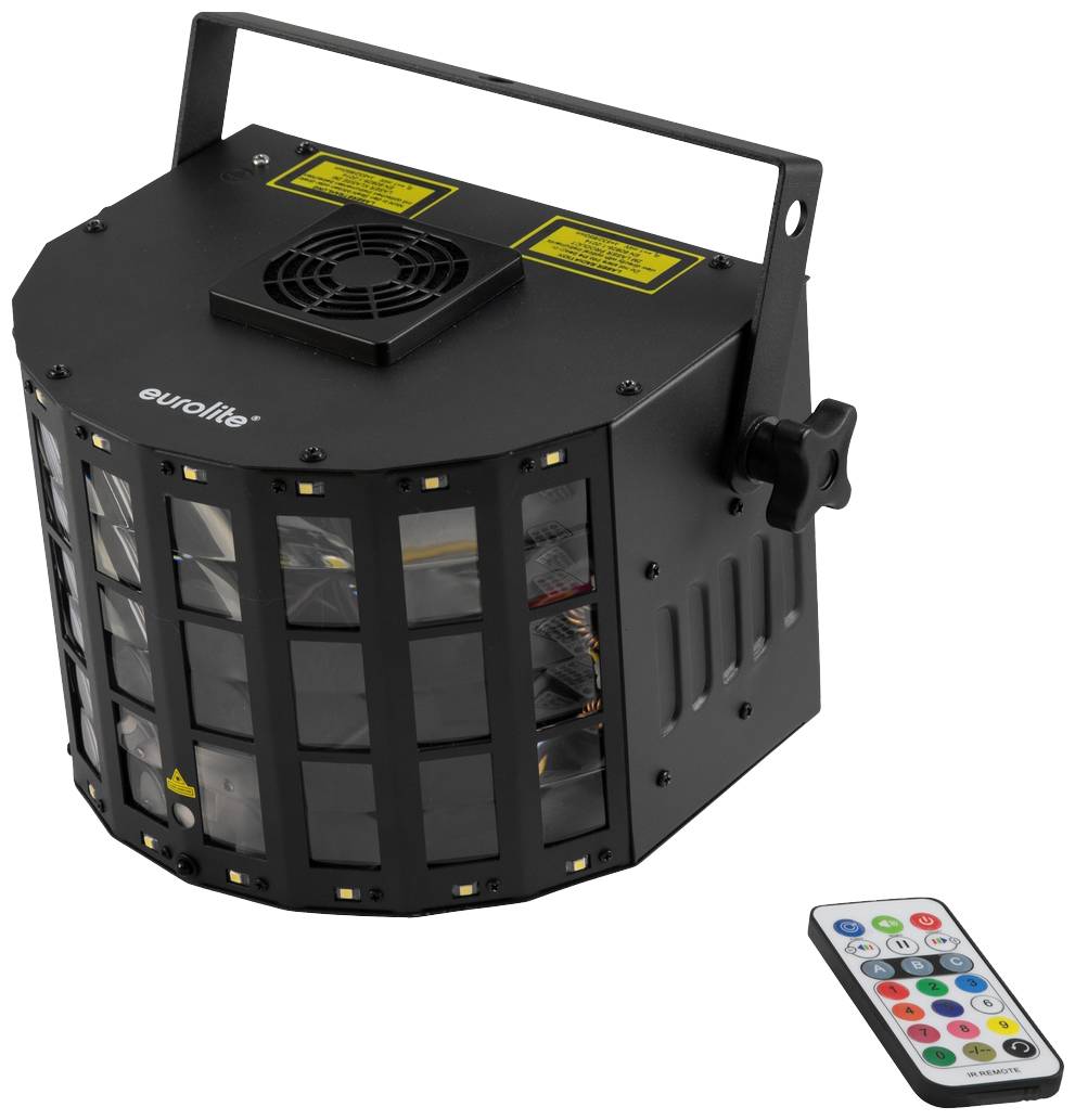 Czarny projektor świetlny do imprez z pilotem. Projektor posiada wentylator, uchwyty oraz kilka modułów LED do projekcji świateł.
