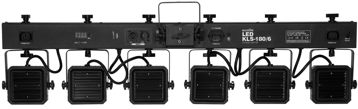 Sześć czarnych reflektorów LED zamocowanych na metalowej listwie, odpowiednich do oświetlenia scenicznego.