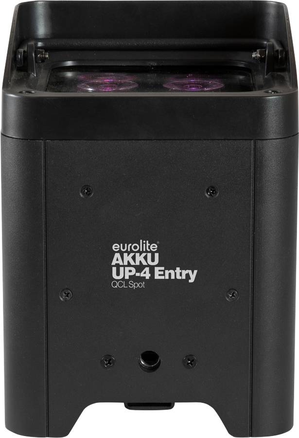 Czarny reflektor LED Eurolite AKKU UP-4 Entry, kompaktowy, z dwoma świecącymi diodami LED, odpowiedni do oświetlenia scenicznego lub eventowego.